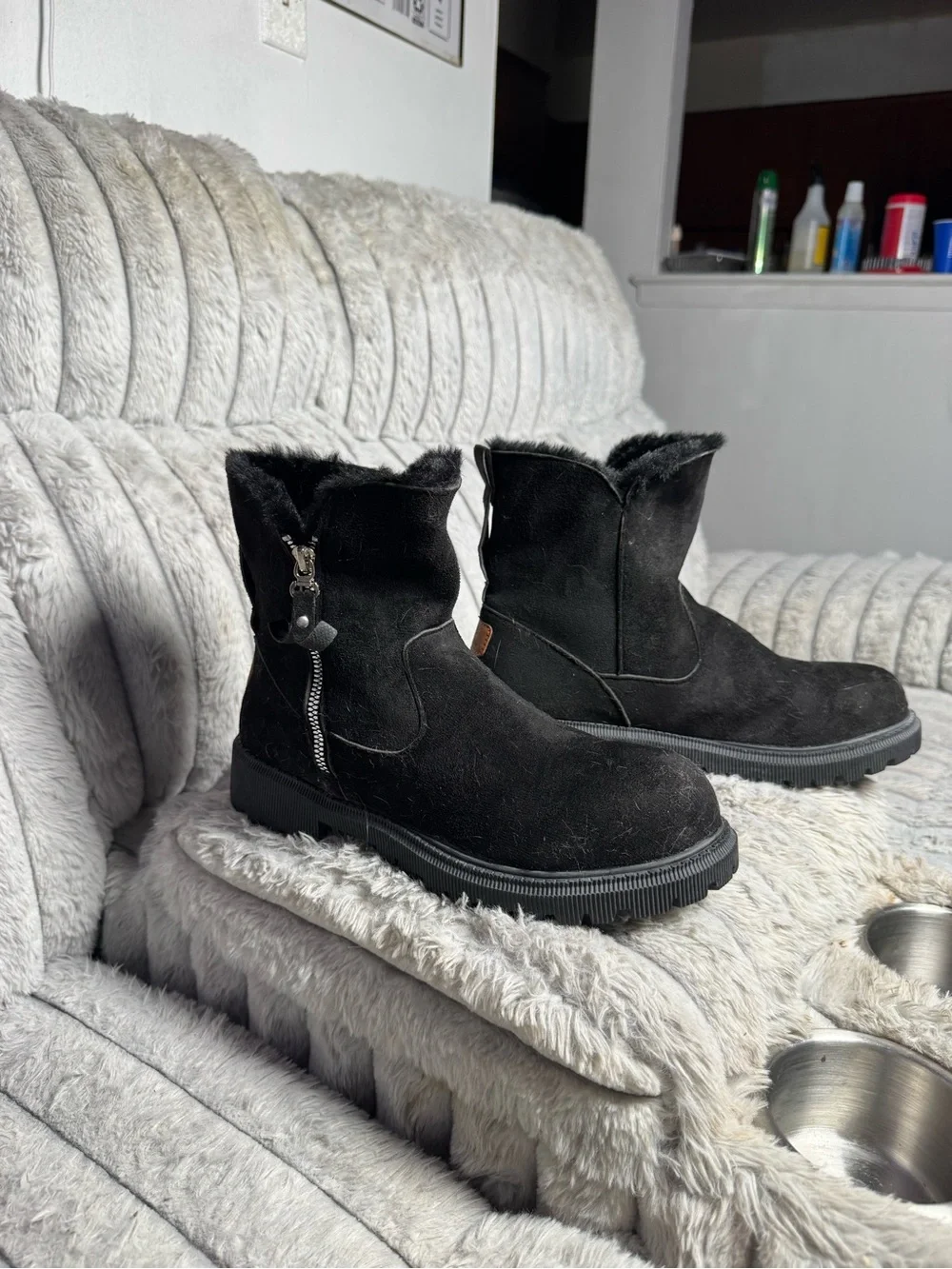 Men's Black Suede Zip-Up Fur-Lined Ankle Boots